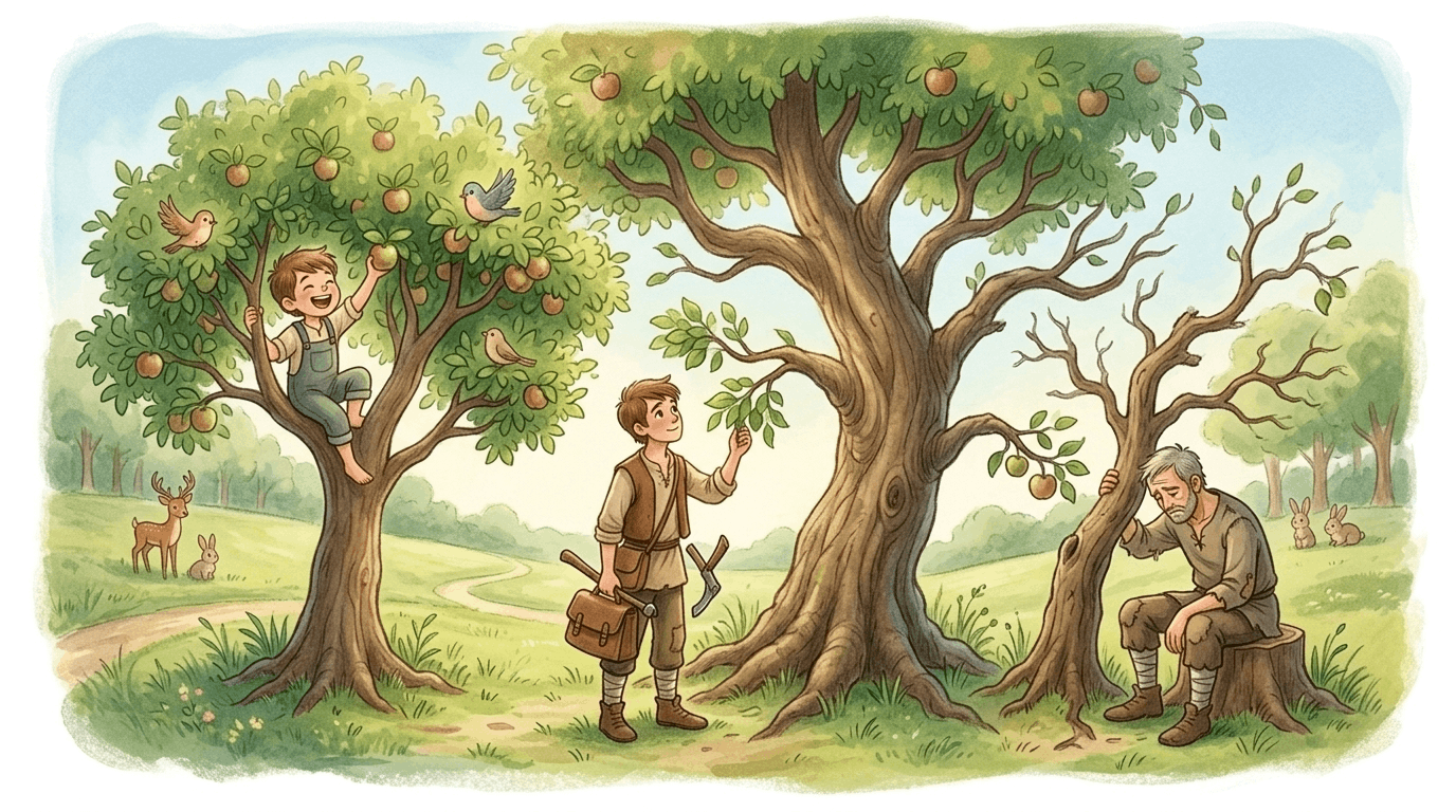 A tree giving apples and branches to a boy over time.