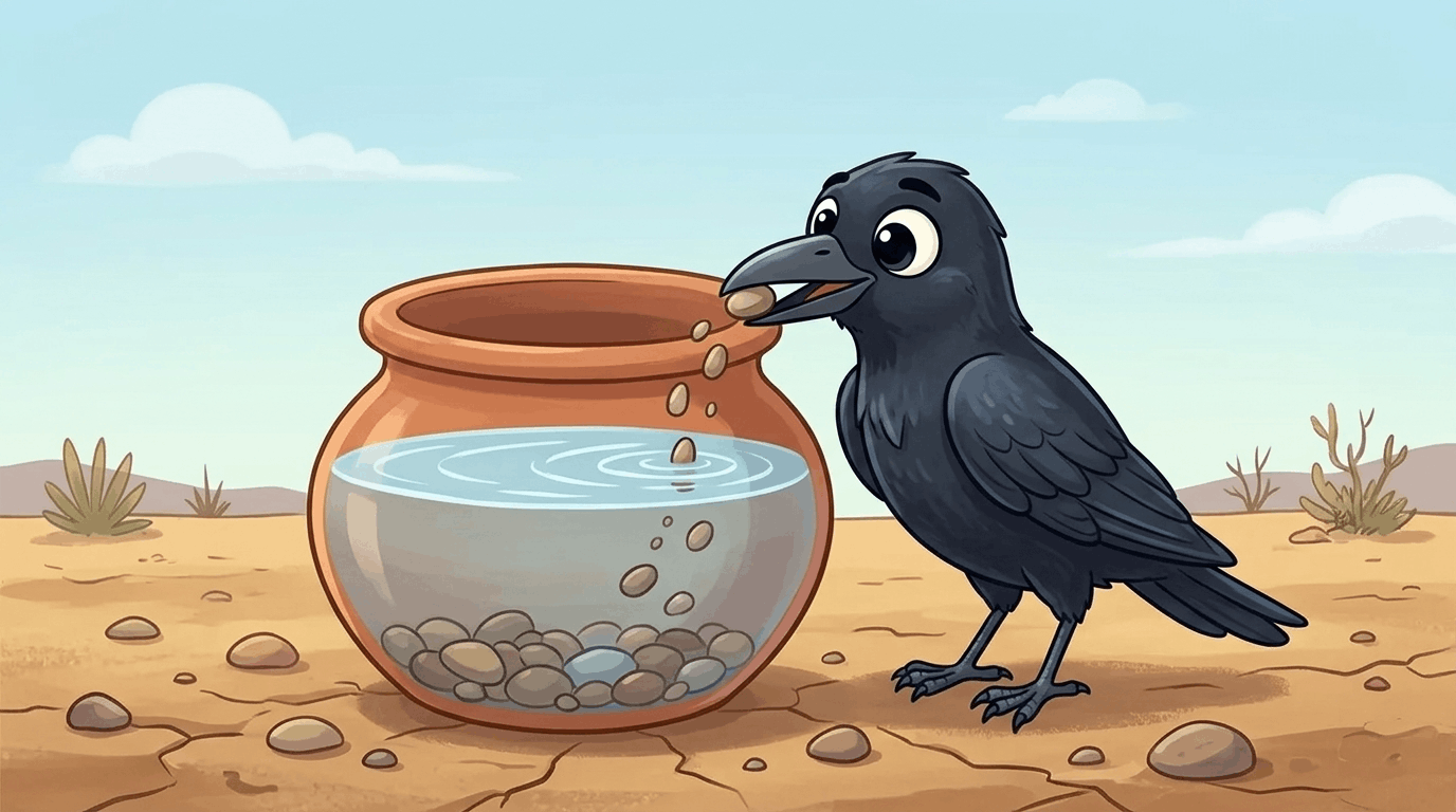 Crow dropping pebbles in a pot to drink water.