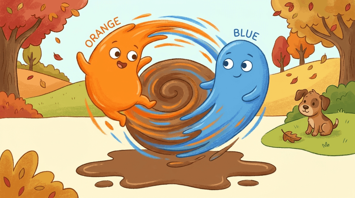 Orange and blue swirls mix together to create an earthy brown color in a cartoonish style.