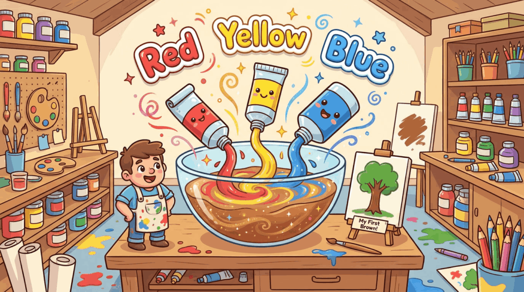 Illustration showing primary color mixing red, yellow, and blue to create brown.