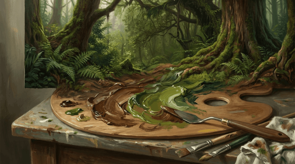 Brown and green paint mixing on palette creating deep forest green result