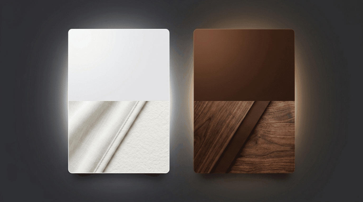 White and brown palette showing clean contrast and wood texture.
