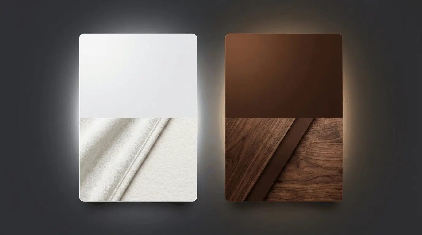 White and brown palette showing clean contrast and wood texture.