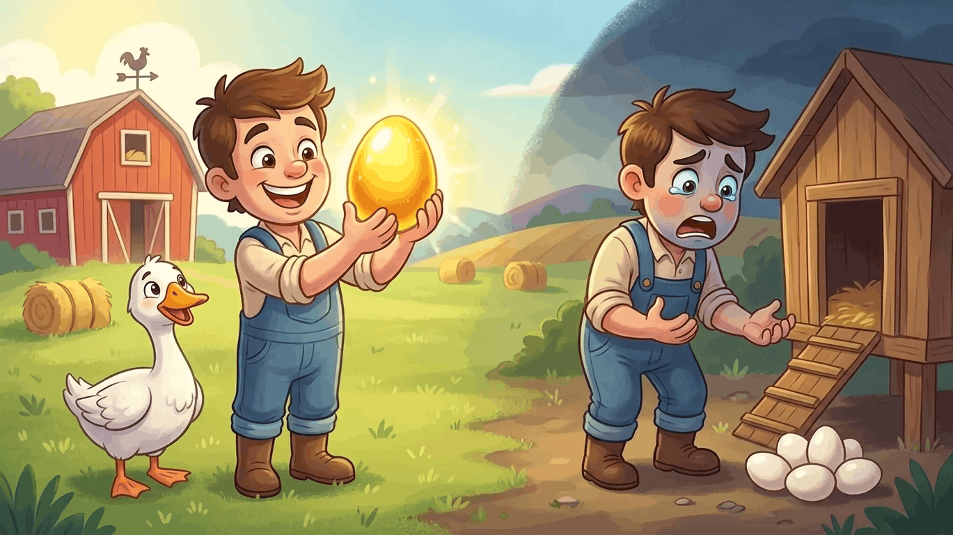 Farmer holding a golden egg with a goose on the farm.