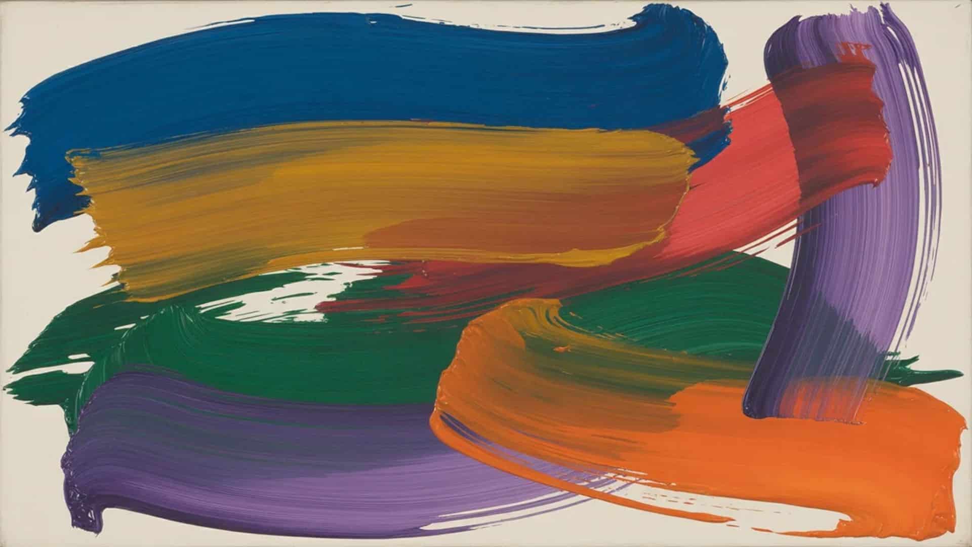  Abstract brushstroke painting with bold strokes of blue, green, yellow, and red