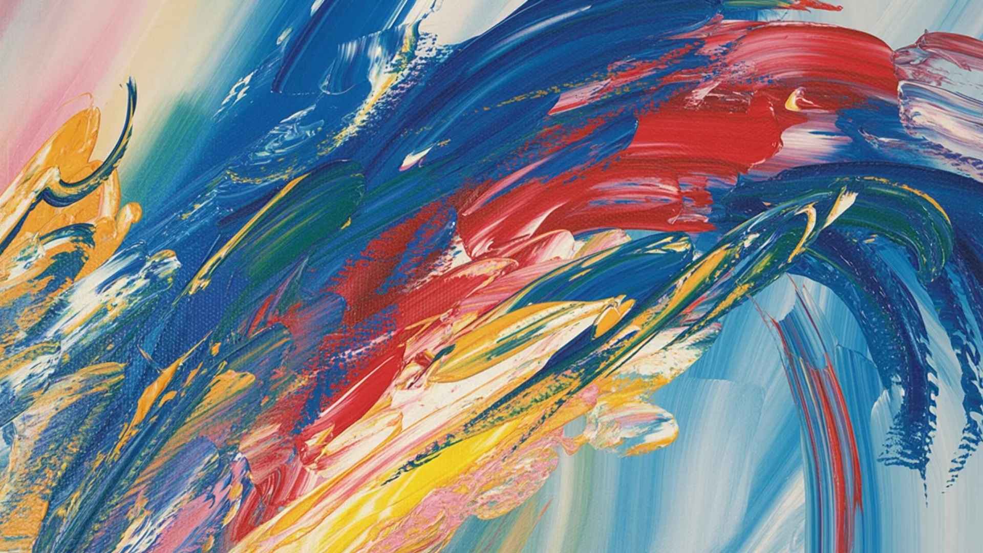 An abstract painting with bright swirls of blue, red, and yellow, showcasing expressive brushstrokes.