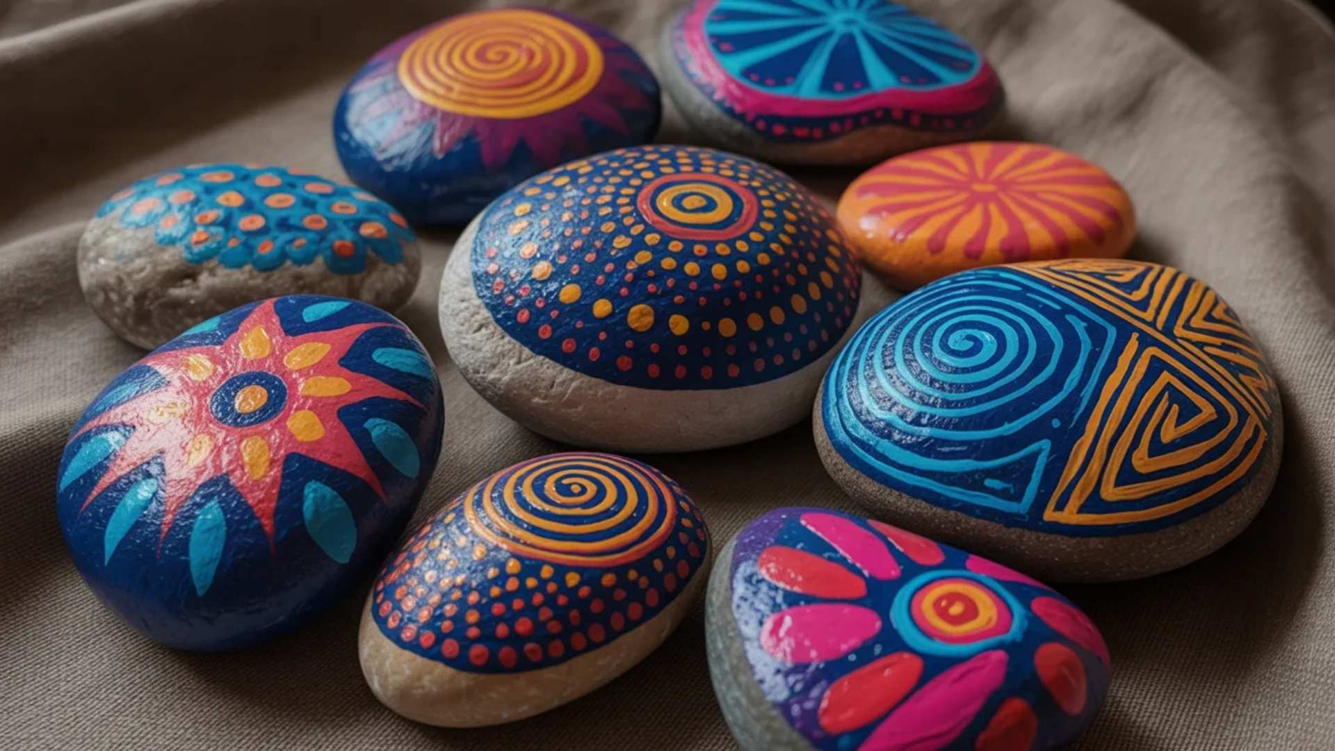 Abstract pattern painted rocks with bold geometric and swirl artwork