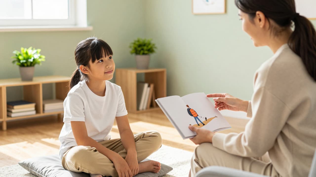 Tween is listening to the therapist tell a metaphorical story from a picture book during an acceptance and commitment therapy session.