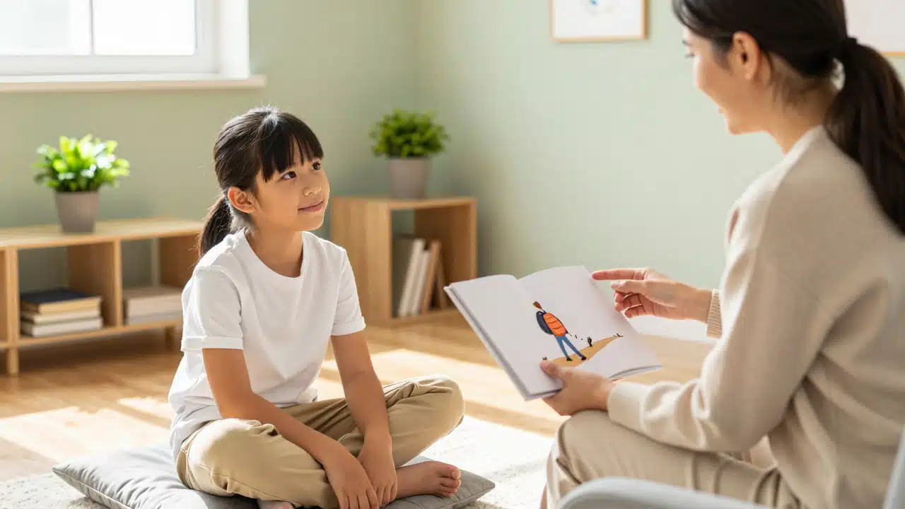 Tween is listening to the therapist tell a metaphorical story from a picture book during an acceptance and commitment therapy session.