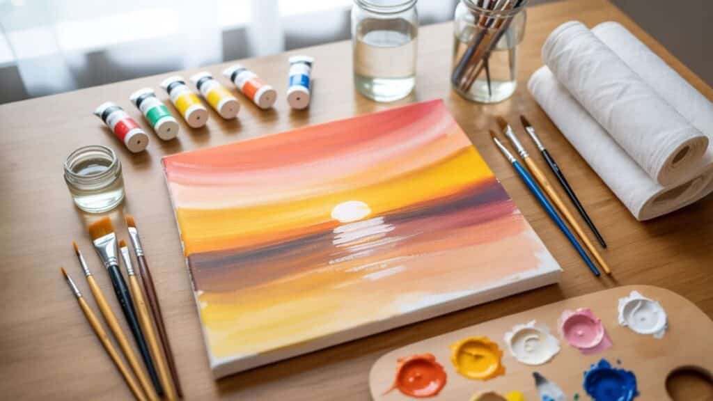 Acrylic sunset painting with a variety of paint tubes and brushes.