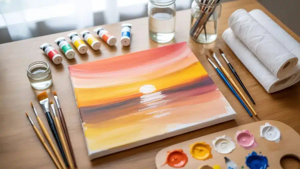 Acrylic sunset painting with a variety of paint tubes and brushes.