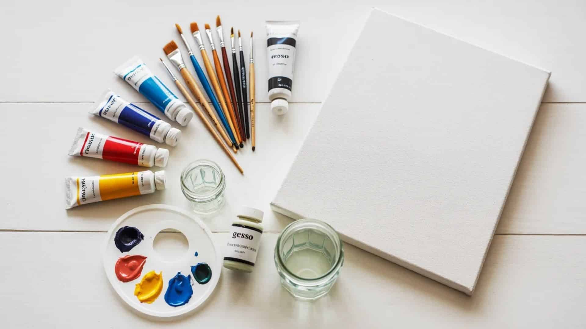 Acrylic painting supplies, including brushes, paints, and a canvas.