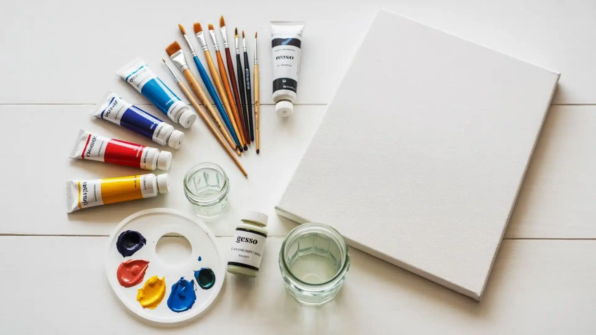 Acrylic painting supplies, including brushes, paints, and a canvas.