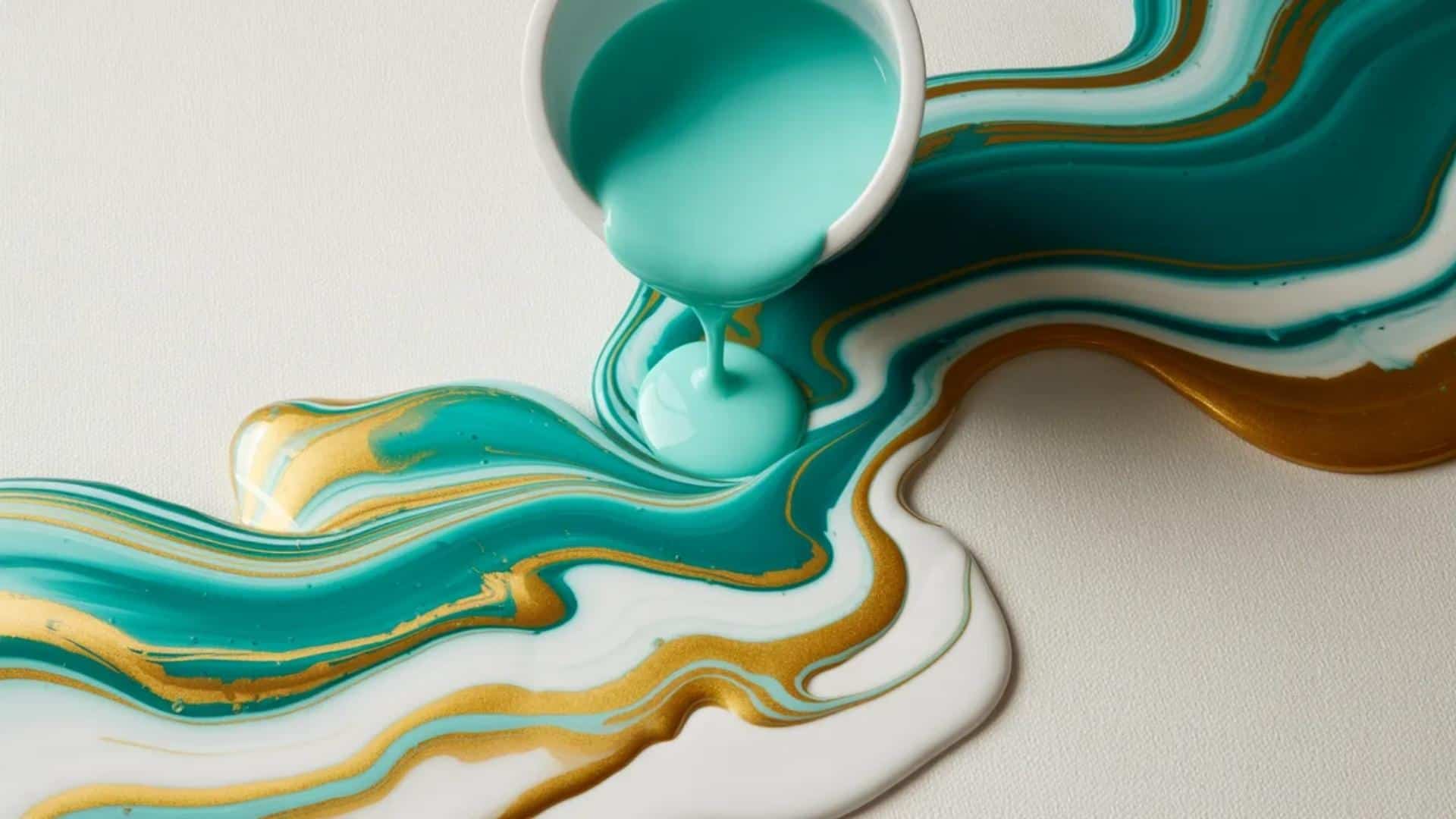 Acrylic pouring with teal, gold, and white paint flowing on canvas.