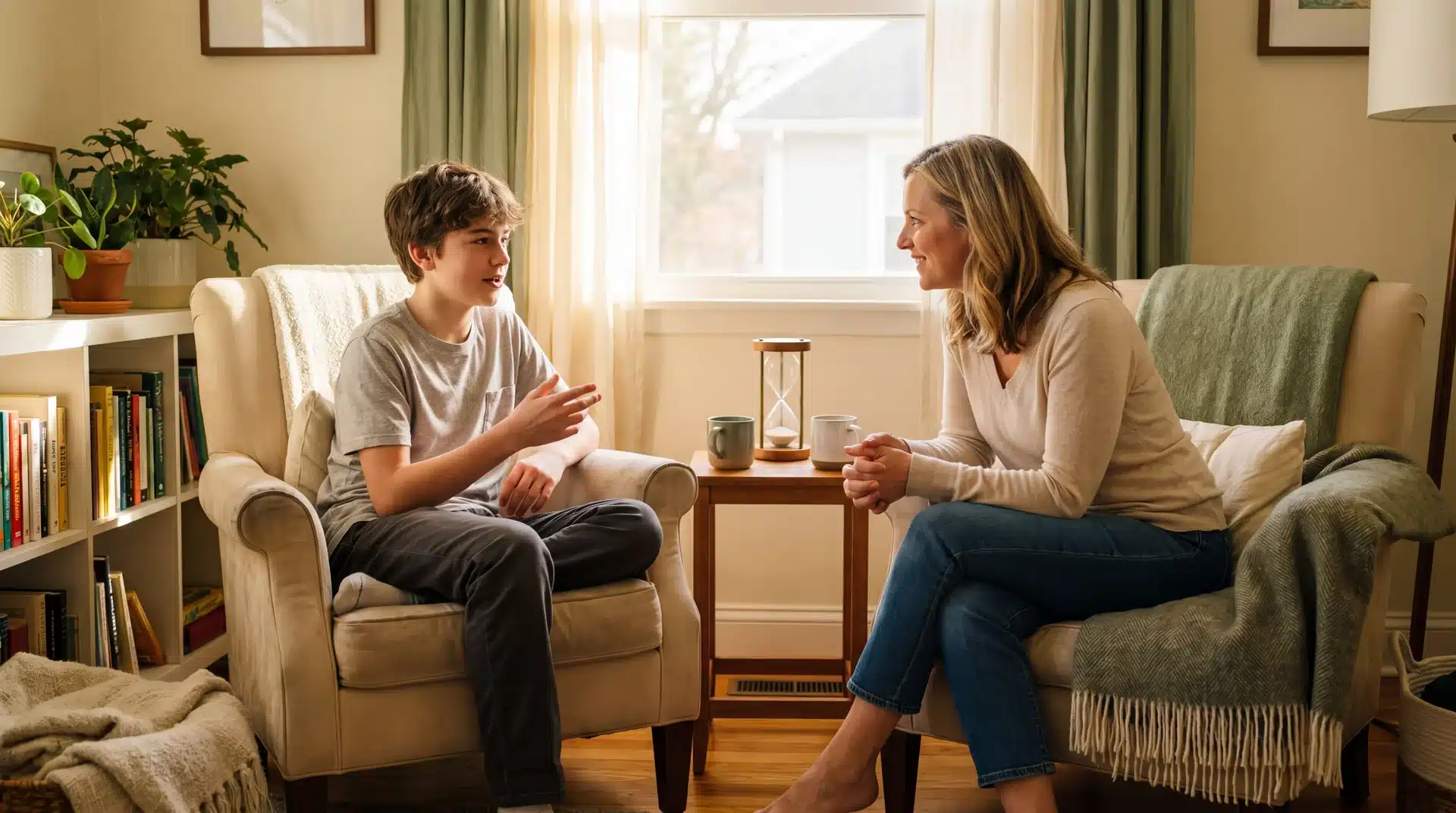 The parent and the teen are sitting face-to-face, practicing active listening during a family therapy communication exercise.