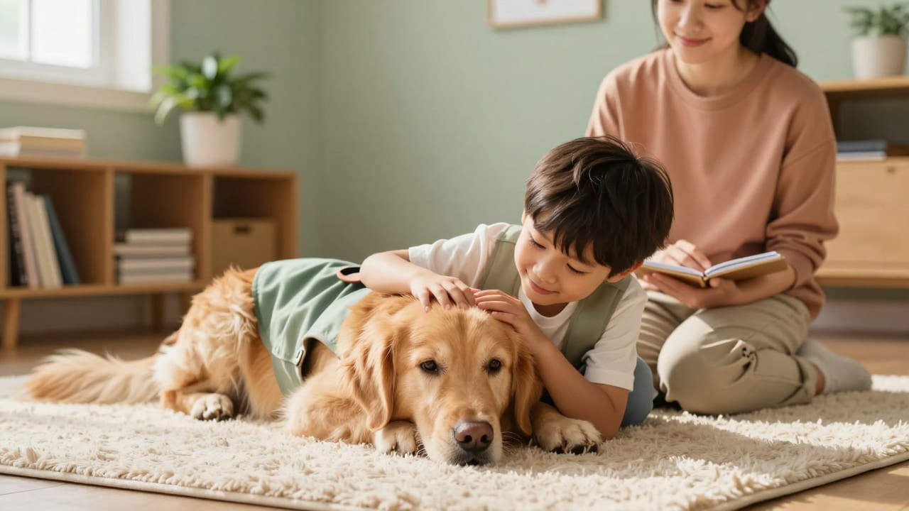 A child petting a calm golden retriever therapy dog while a therapist watches during animal-assisted therapy.