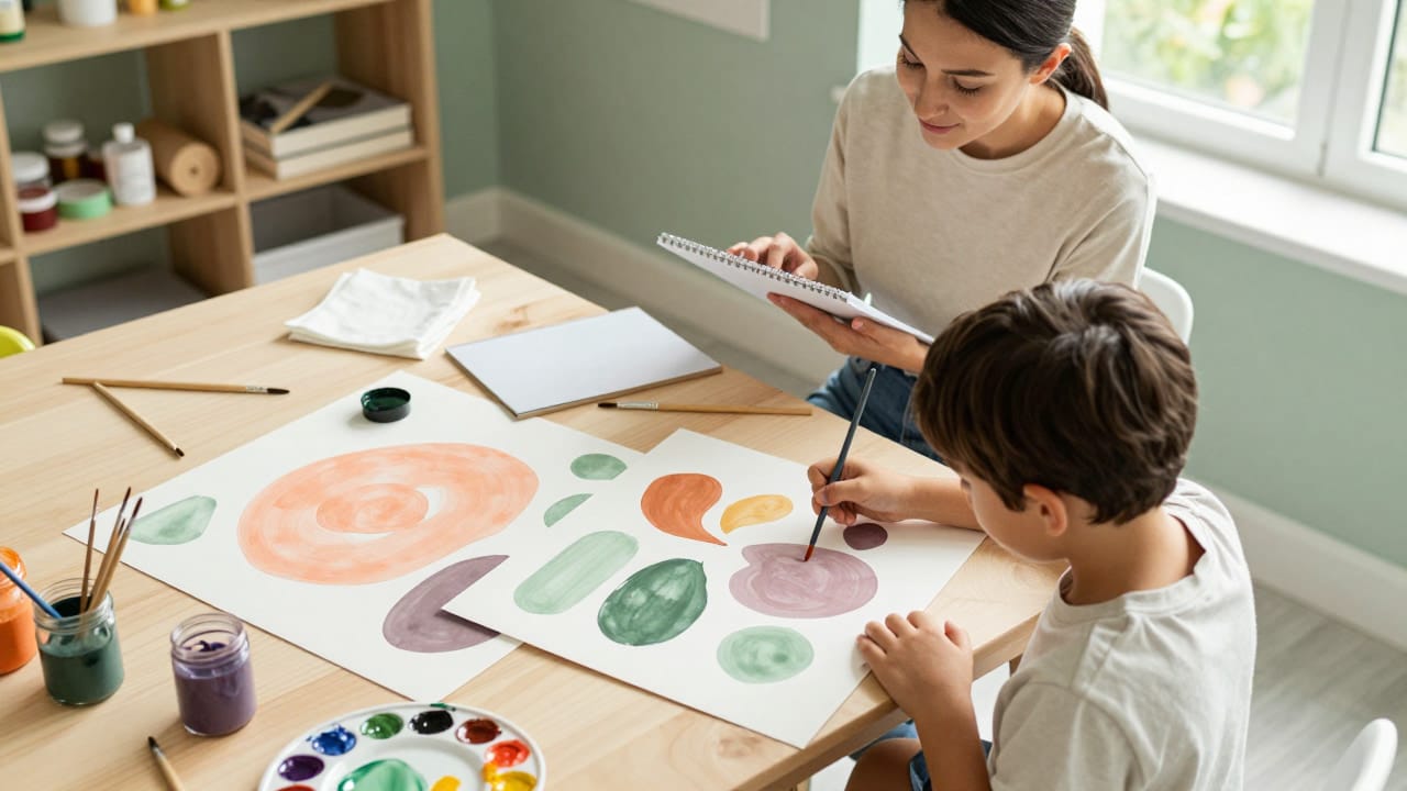 A child is painting expressive watercolor shapes at a wooden art table while a therapist watches during an art therapy session.