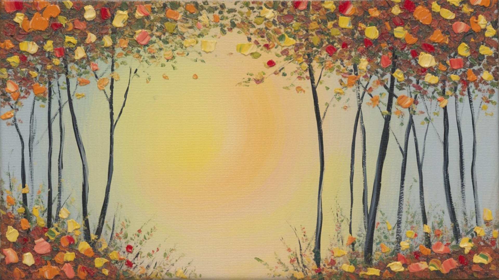 An autumn forest painting with warm-colored trees and a soft yellow sky