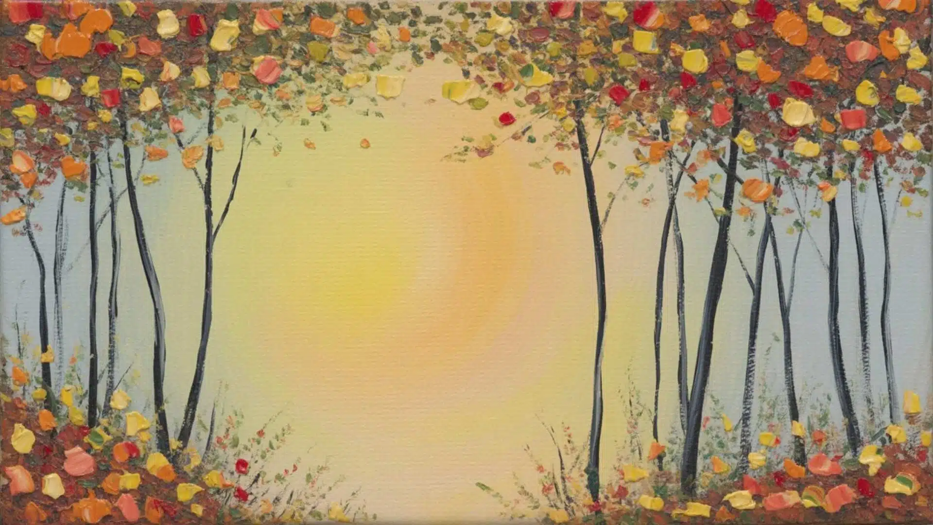 An autumn forest painting with warm-colored trees and a soft yellow sky