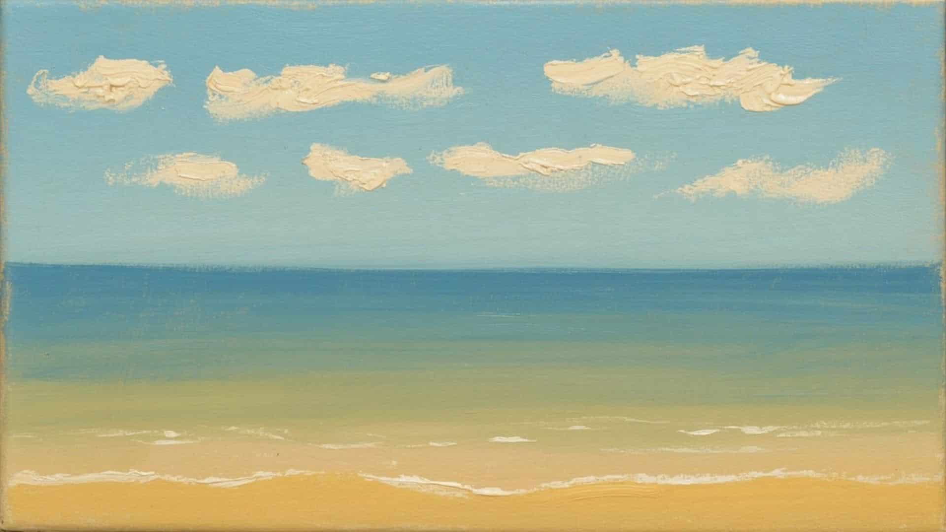 A peaceful beach scene with soft waves meeting the shore under a bright sky