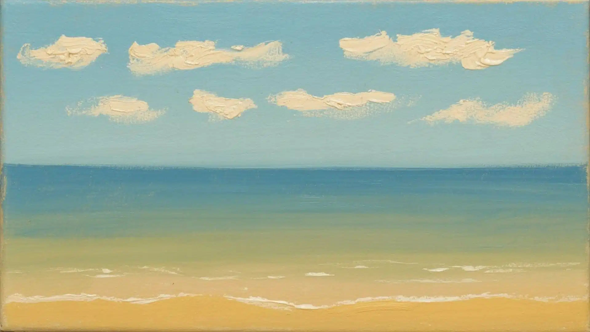 A peaceful beach scene with soft waves meeting the shore under a bright sky
