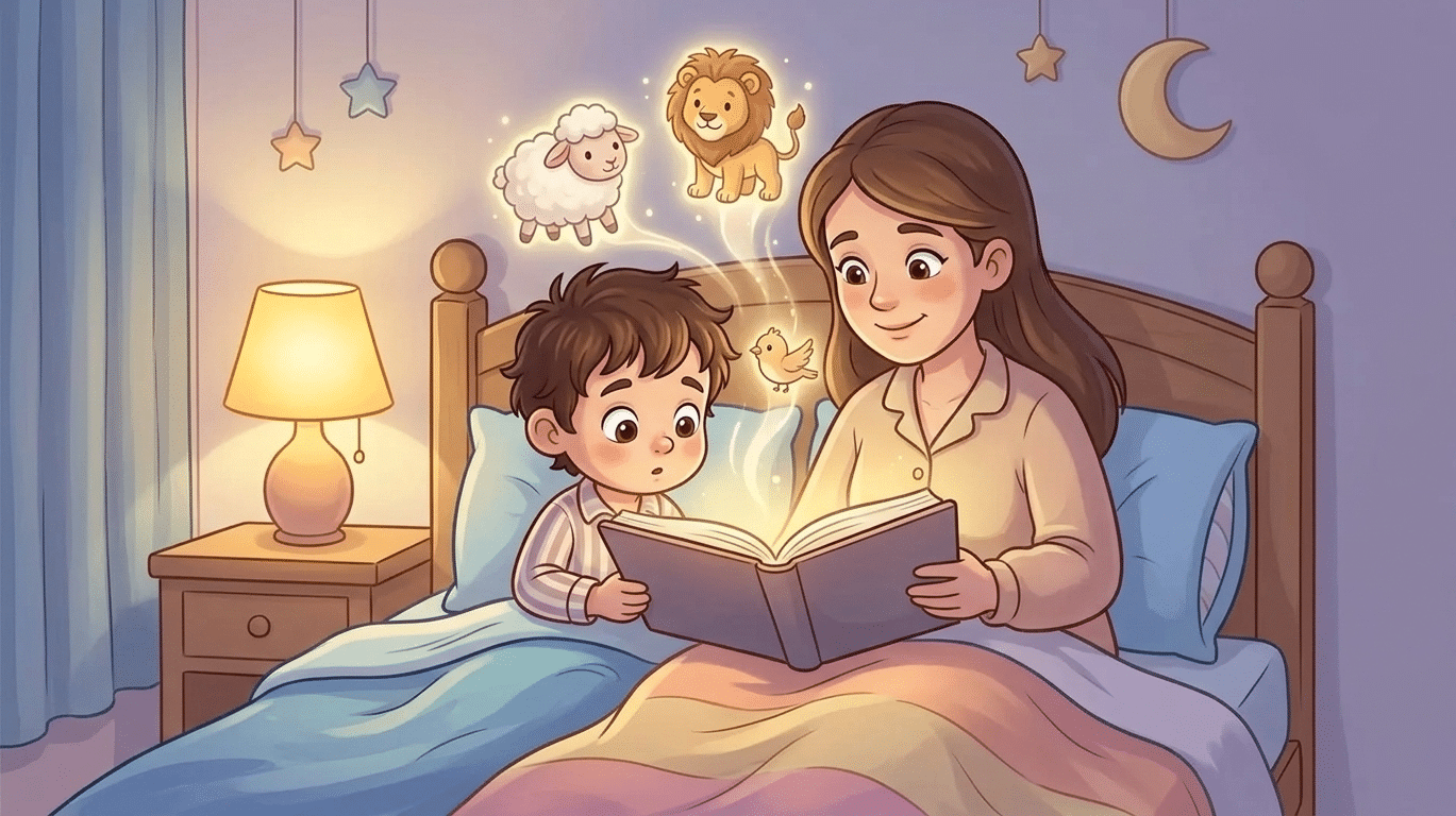 Parent reading bedtime story as child imagines animals from the book.
