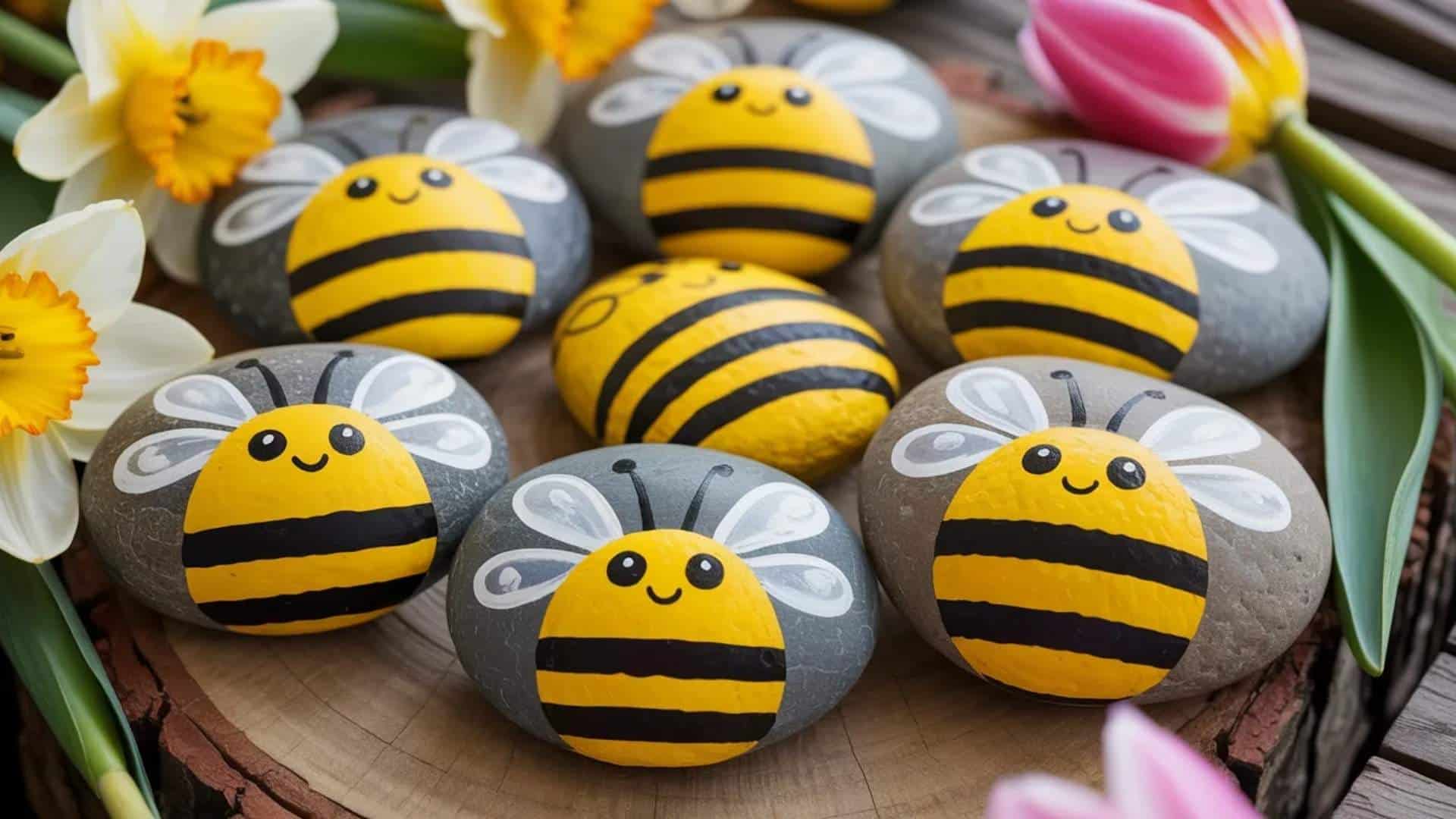 Cute bee-painted rocks with yellow and black stripes, smiling faces, and tiny wings