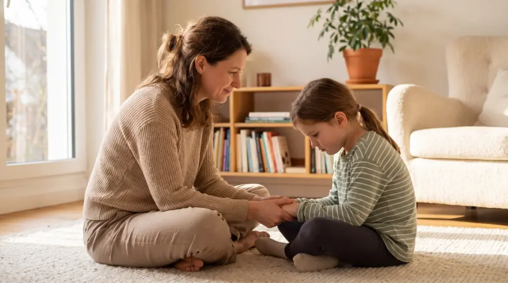 Mother sitting on rug holding hands with young daughter and listening calmly during a quiet conversation at home.