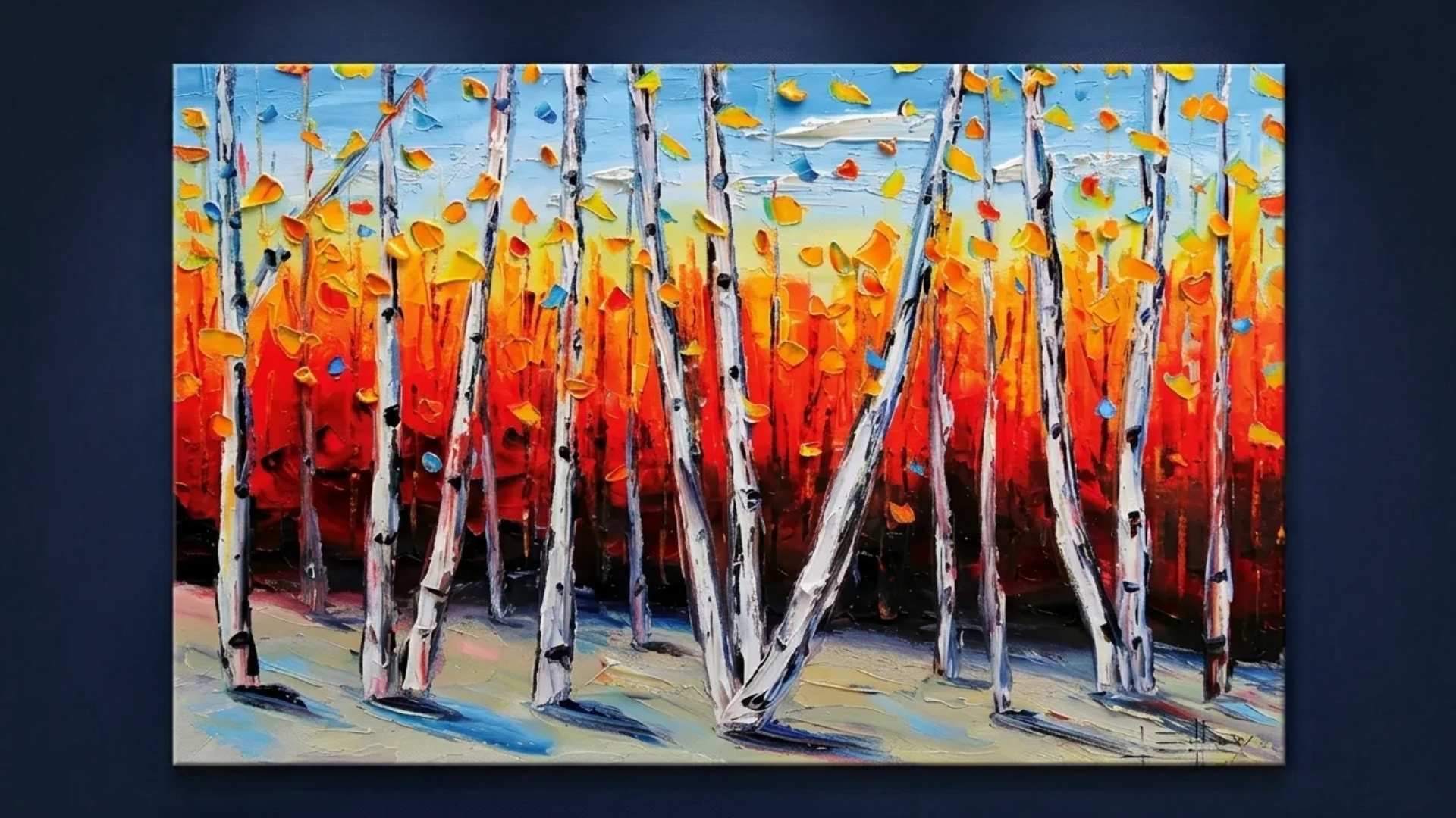 Birch trees in a colorful autumn forest with orange leaves