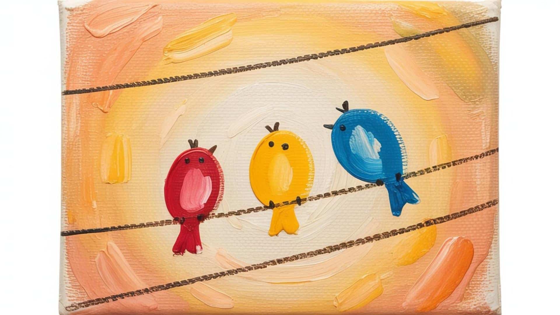 Three colorful birds perched on a wire at sunset