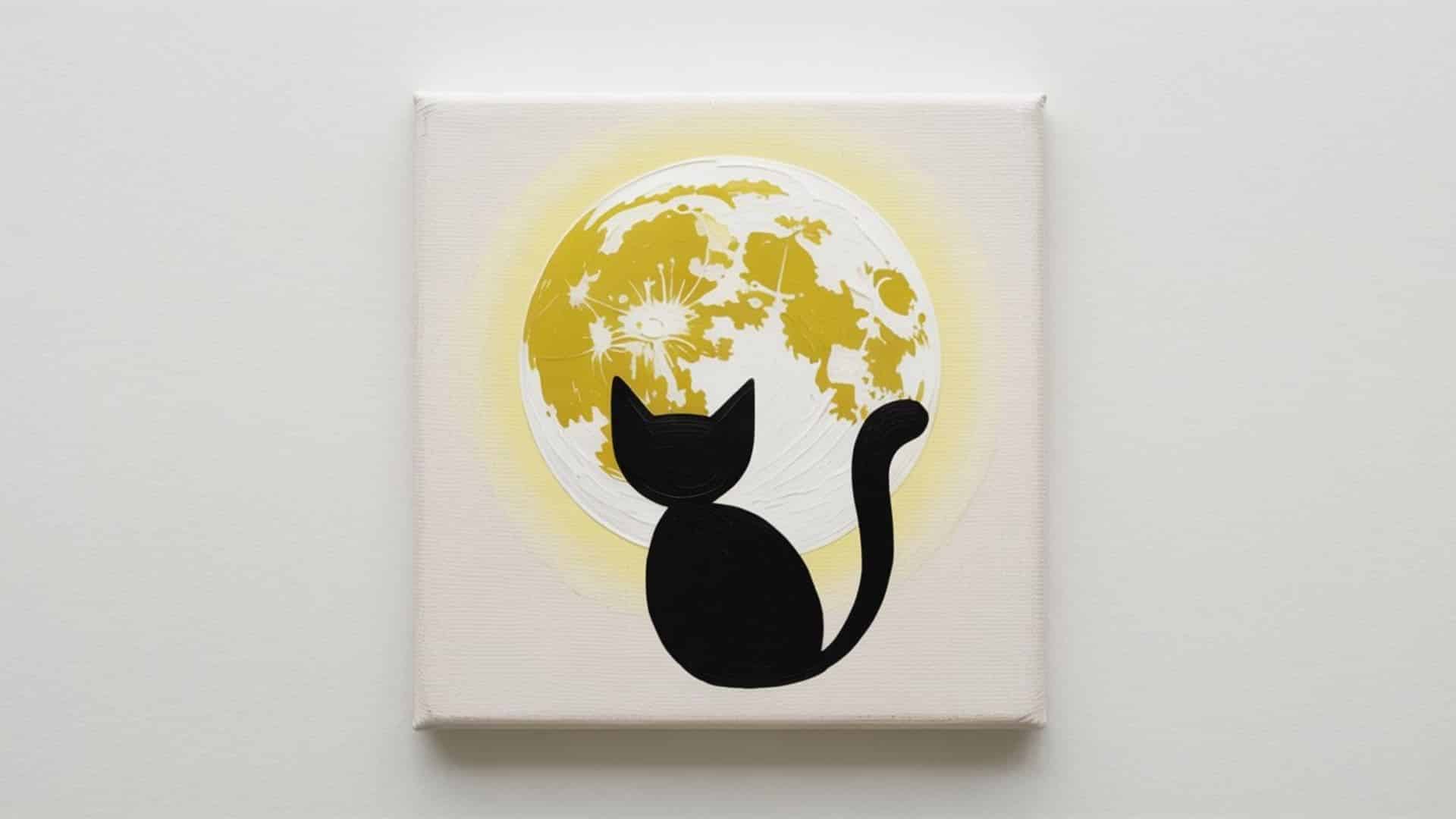 Silhouette of a black cat sitting under a full moon
