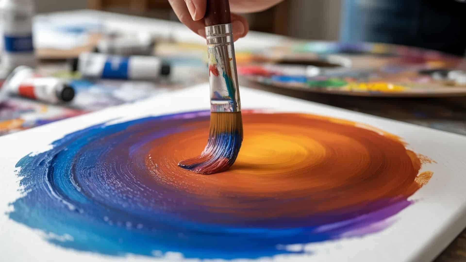 Blending colors on a canvas with a brush to create smooth transitions