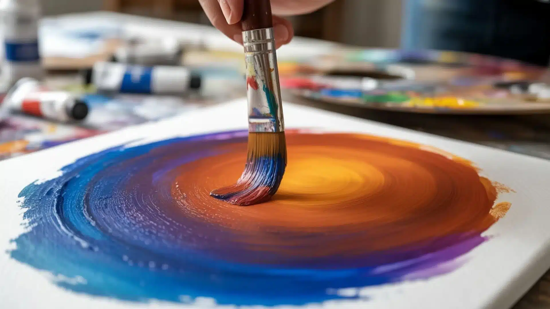Blending colors on a canvas with a brush to create smooth transitions