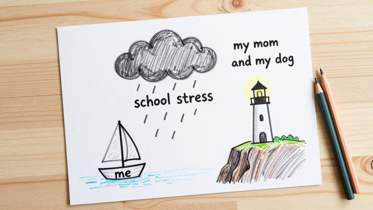 Child’s drawing of a boat, storm, and lighthouse showing personal challenges during a family therapy reflection activity.