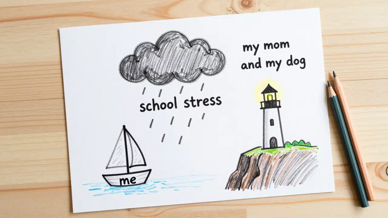Child’s drawing of a boat, storm, and lighthouse showing personal challenges during a family therapy reflection activity.