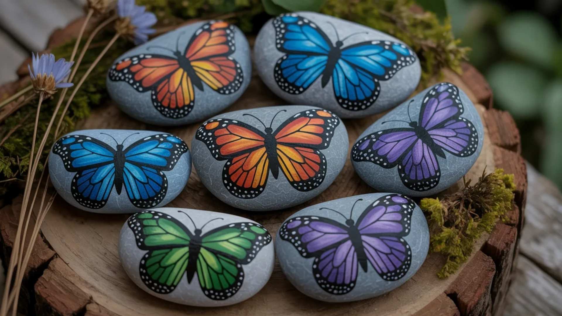 Smooth gray rocks painted with vibrant butterfly wings in blue, orange, purple, and green 