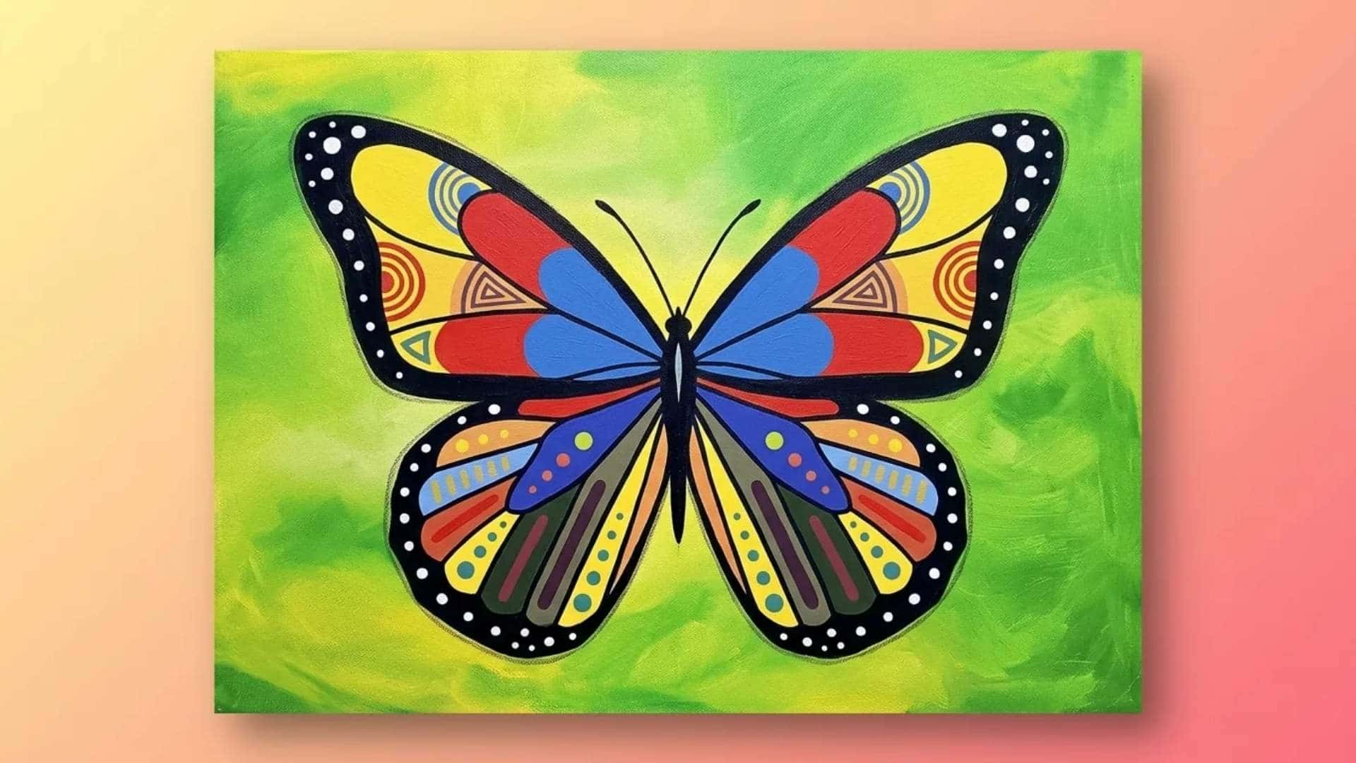 A butterfly painted with bright, colorful patterns and shapes