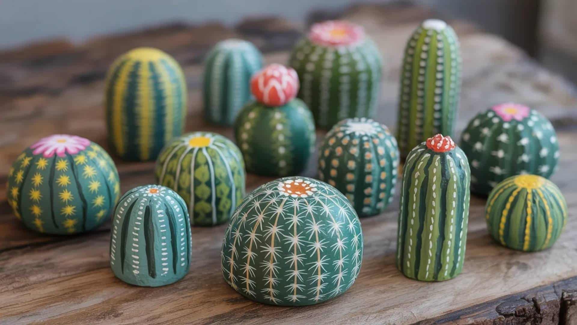 Painted rocks designed like tiny cacti with green patterns, flowers, and white dotted details