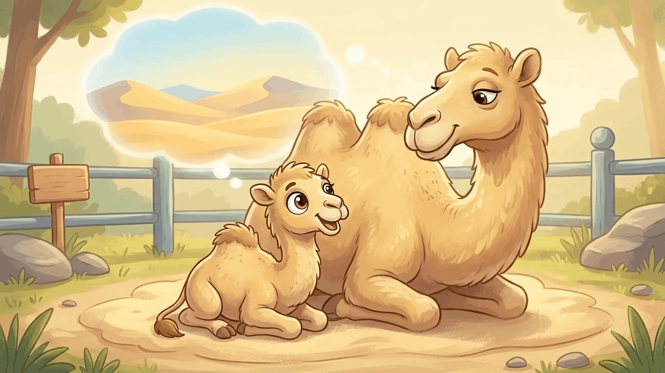Baby camel asking questions while sitting in a zoo enclosure.