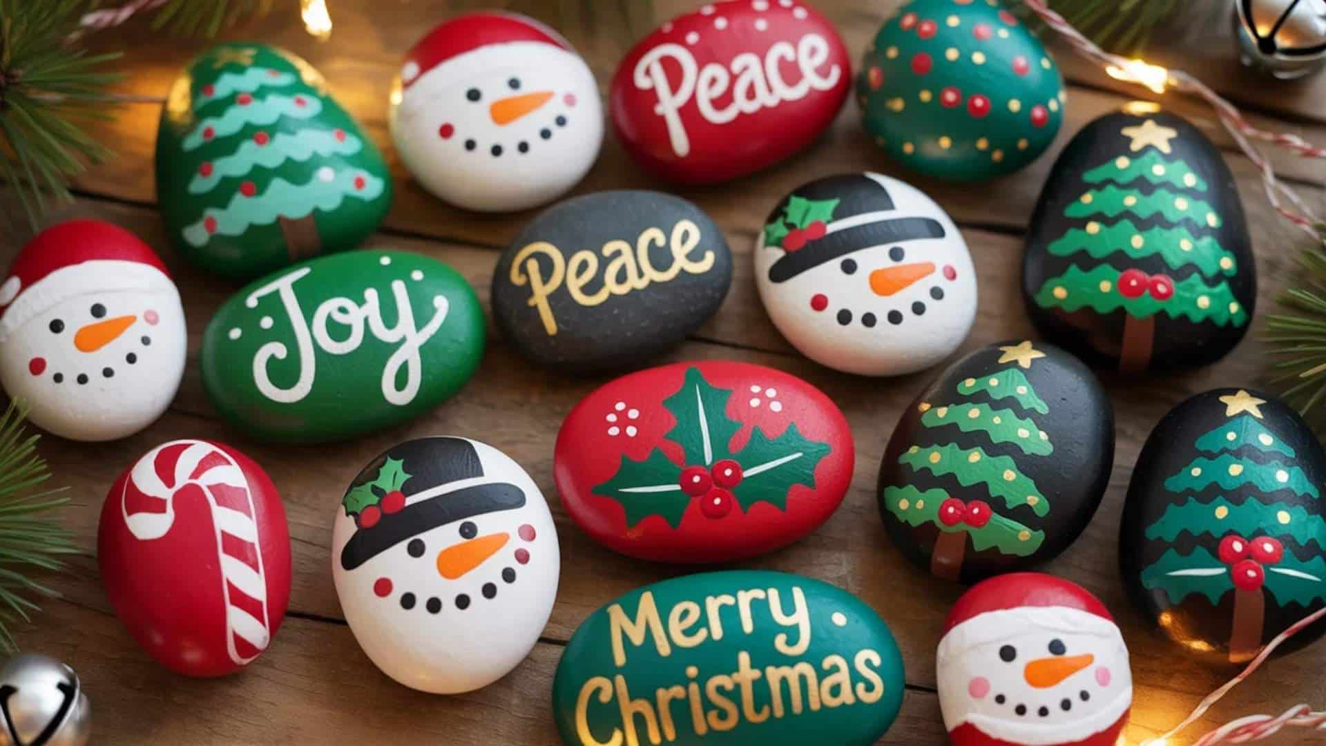 Christmas painted rocks with snowmen, trees, and festive holiday designs