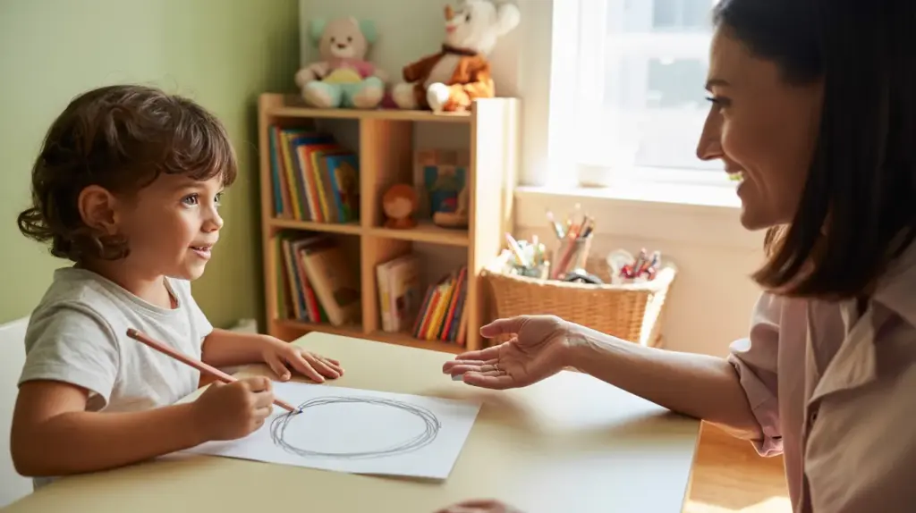 Child drawing a thought bubble with a friendly therapist during a cognitive behavioral therapy session.