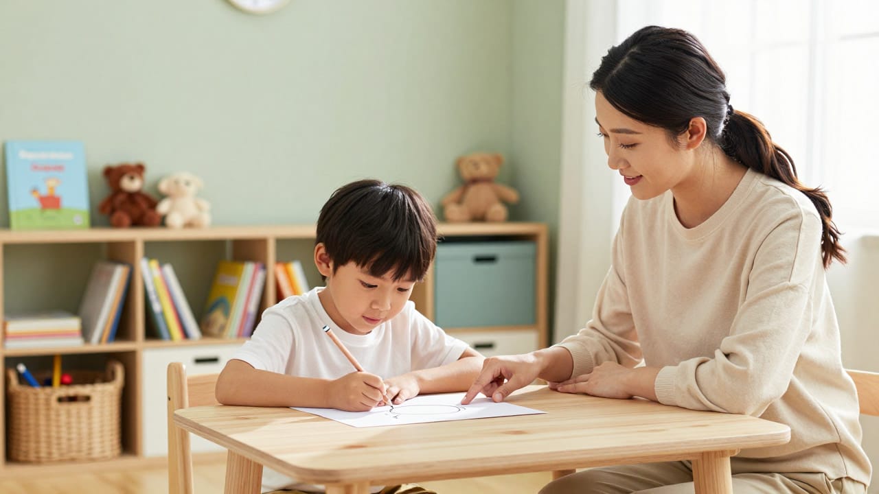 A child drawing a thought bubble with a friendly therapist during a cognitive behavioral therapy session for kids.