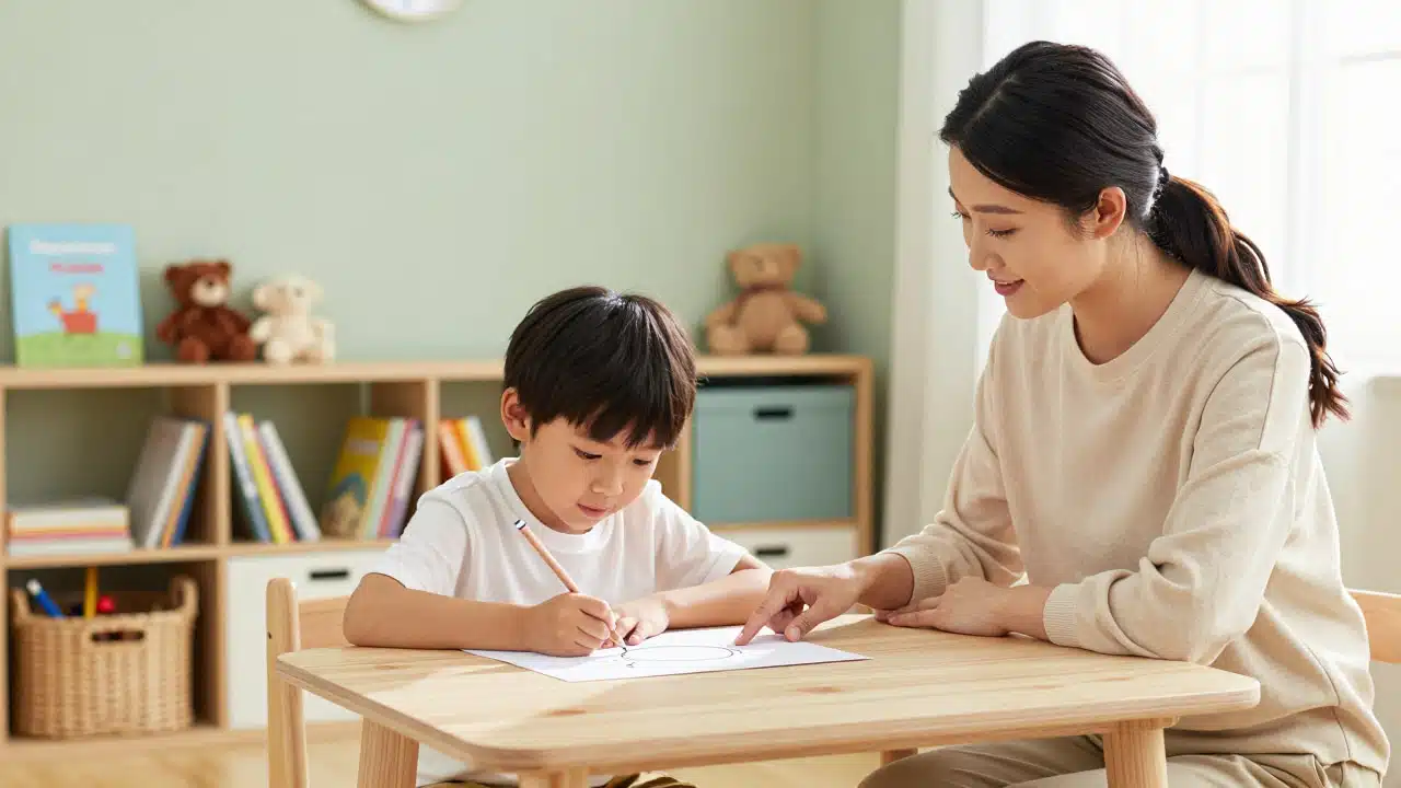A child drawing a thought bubble with a friendly therapist during a cognitive behavioral therapy session for kids.