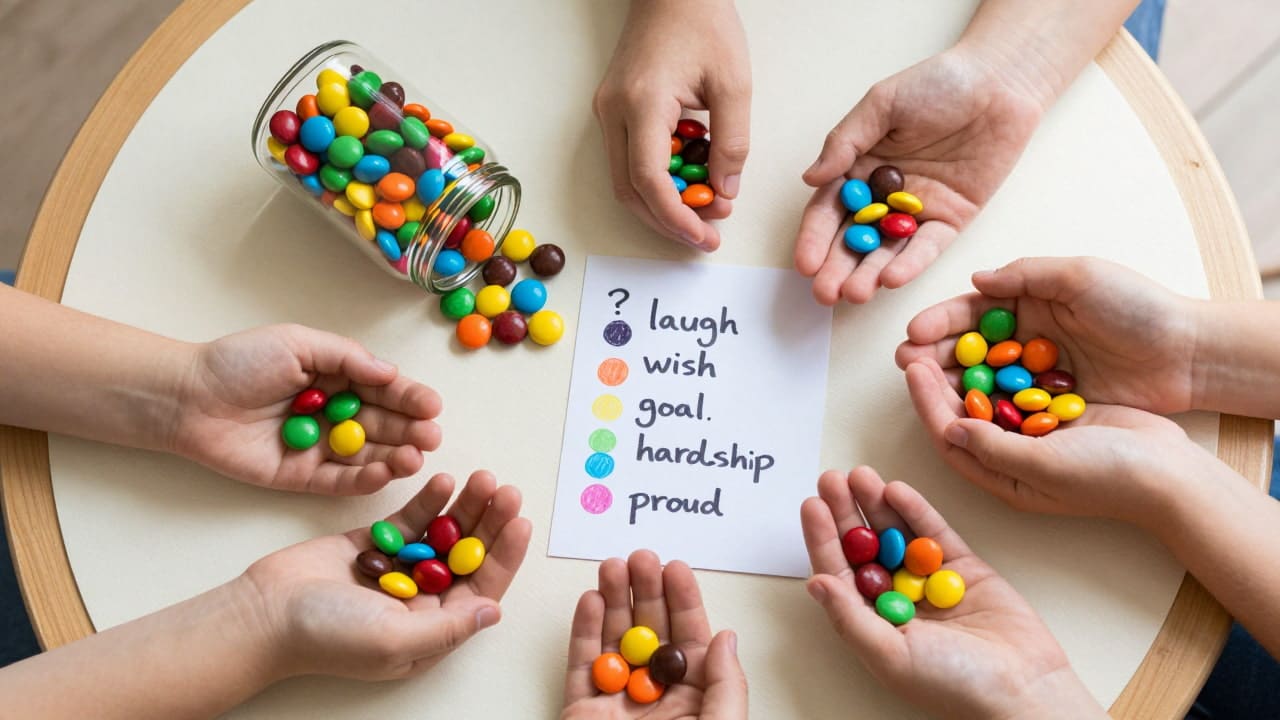 Jar of colored candies and a question card on a wooden table for a family therapy activity using candy color prompts.