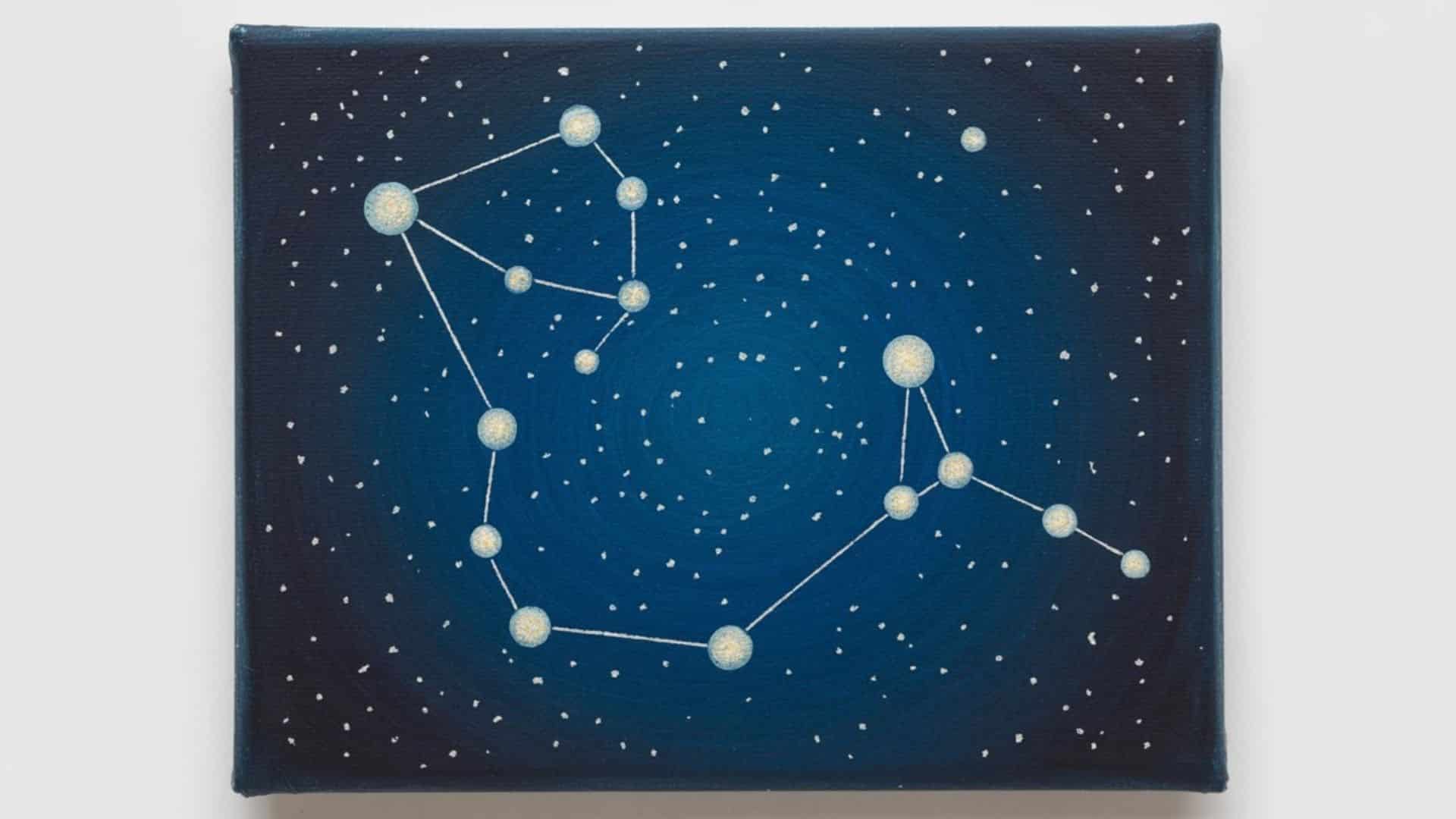 Constellation art featuring star patterns connected by lines against a dark blue sky