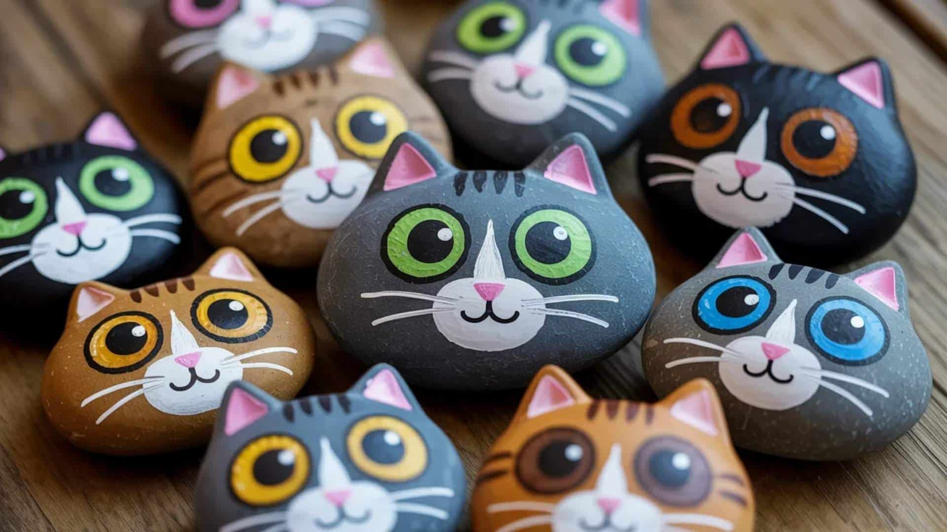 Painted cat-face rocks with oversized colorful eyes, whiskers, and playful expressions 