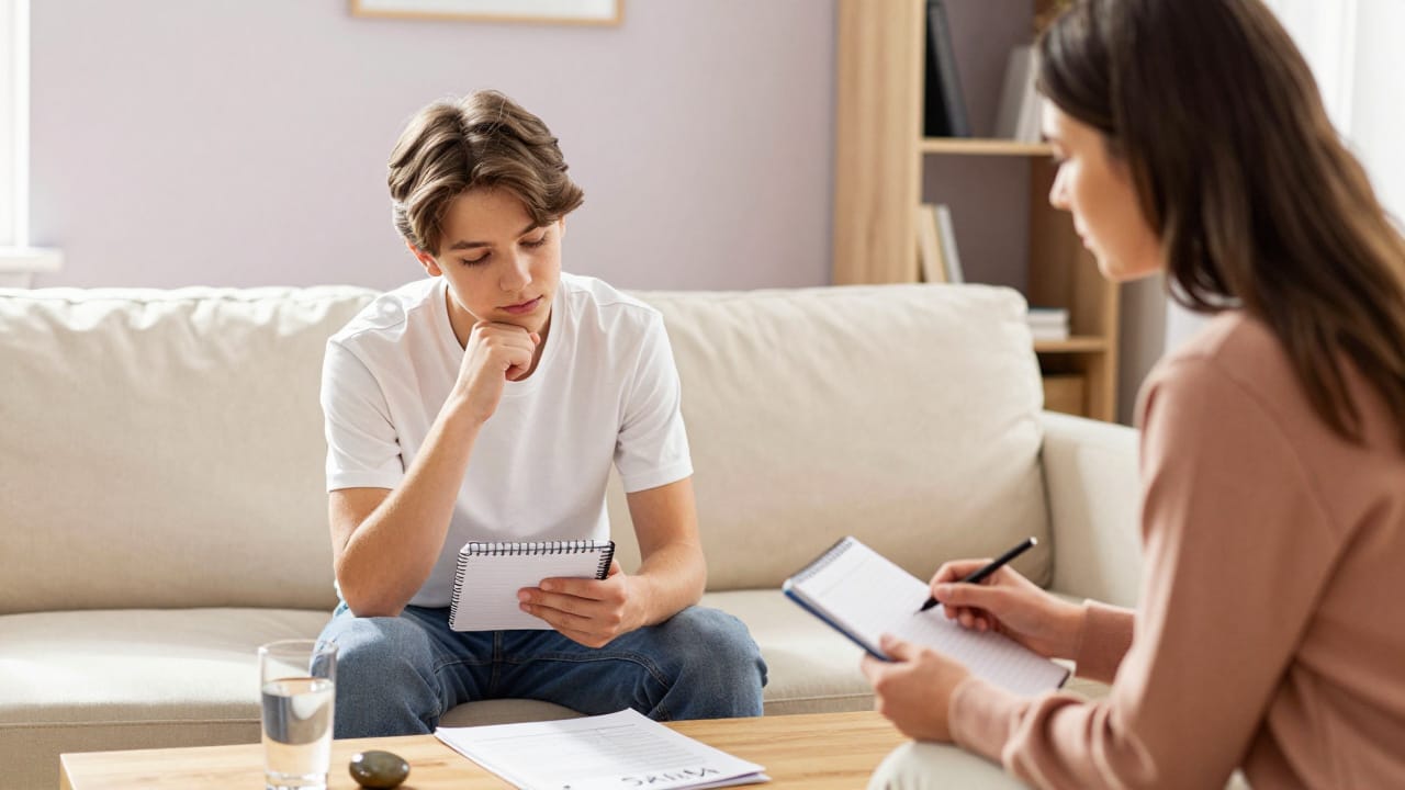 A teenager and a therapist are working through a DBT skills worksheet on a sofa during a dialectical behavior therapy session.