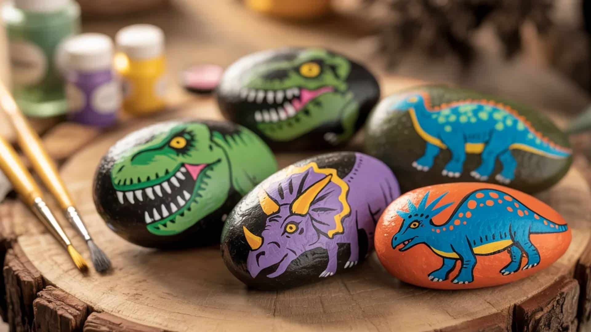 Colorful dinosaur-themed painted rocks with cartoon T-Rex and Triceratops designs