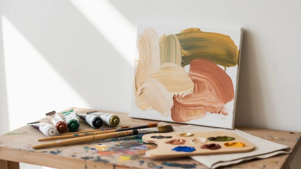 A canvas with earthy tones painted in broad strokes, alongside paint tubes and brushes on a wooden table.