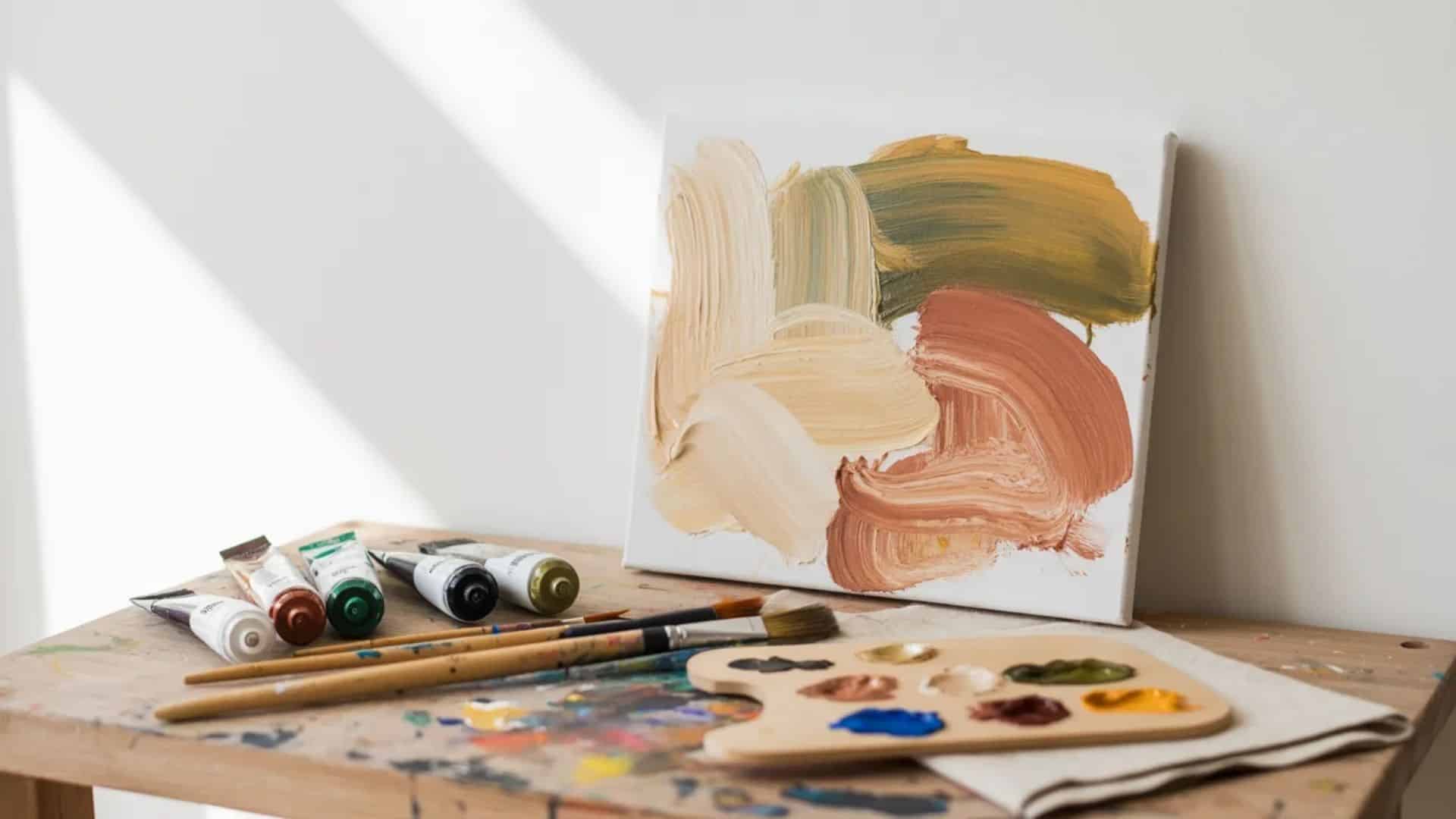 A canvas with earthy tones painted in broad strokes, alongside paint tubes and brushes on a wooden table.